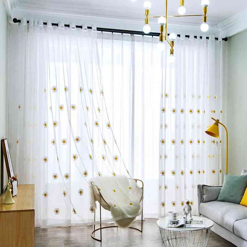 Rideau voilage blanc avec marguerites brodées pour salon ou chambre